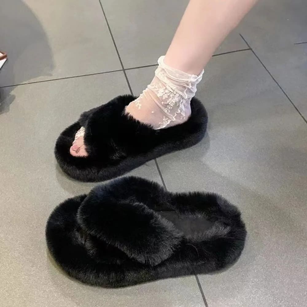 Scivoli morbidi Pantofole per la casa Pantofole antiscivolo piatte spesse in peluche Scarpe da pavimento Infradito in pelliccia con punta aperta per interni