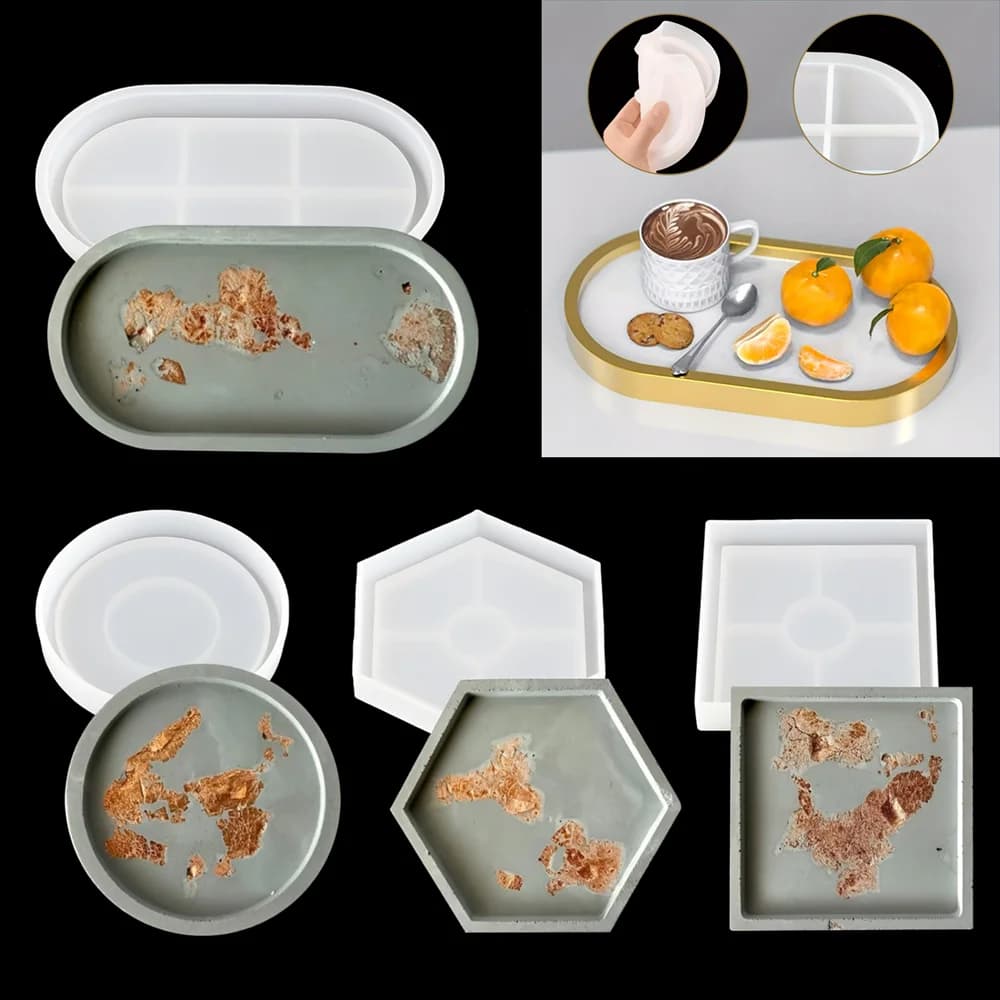4 pz/set vassoio portaoggetti sottobicchiere stampo in Silicone, ovale, circolare, stampo in Silicone vassoio esagonale, utilizzato per la colata di gesso in resina