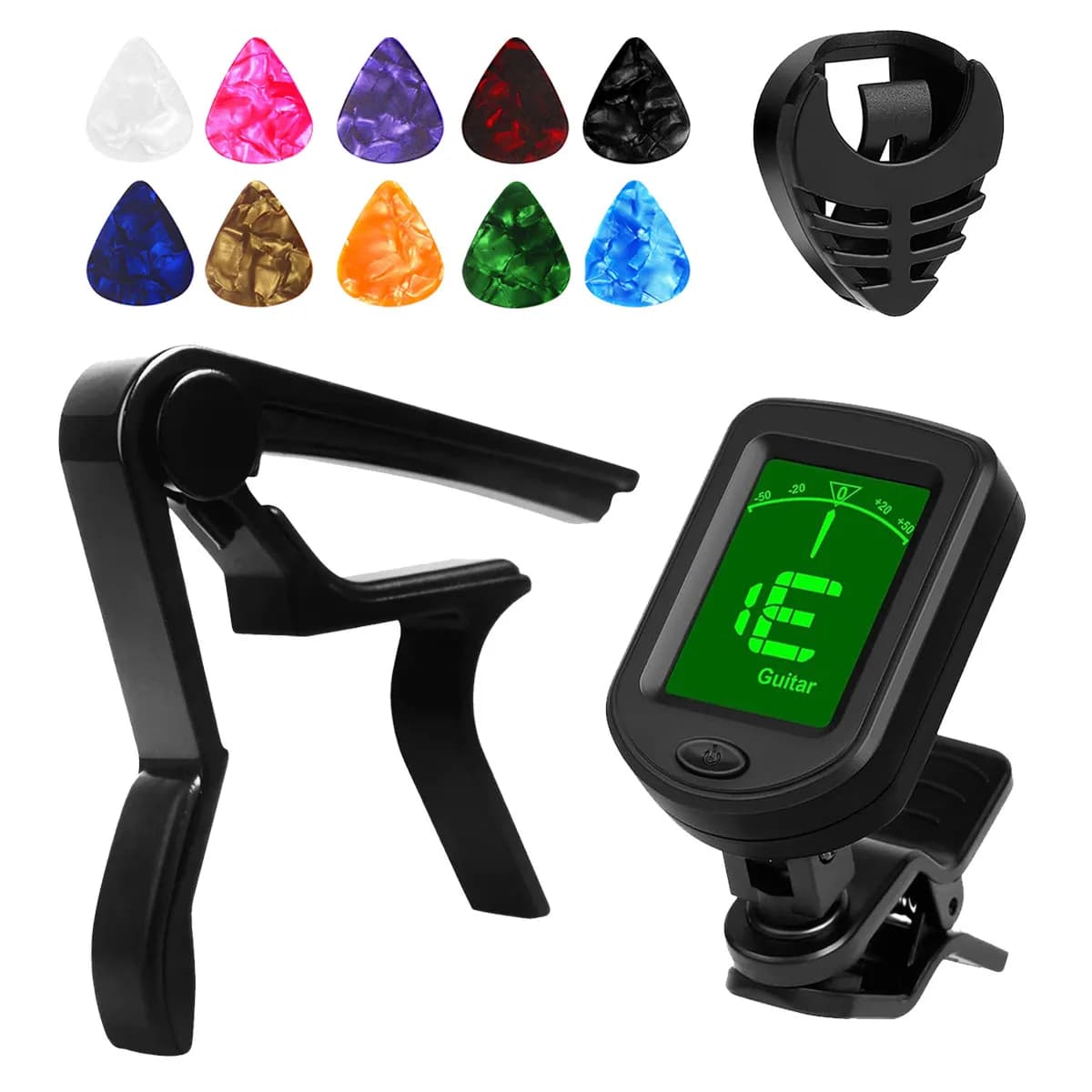 Miwayer 13Pcs Guitar Beginner Accessories Kit – Tuner, Black Capo, 10 Picks (Random Colors) & Pick Holder, for Acoustic/Electric
