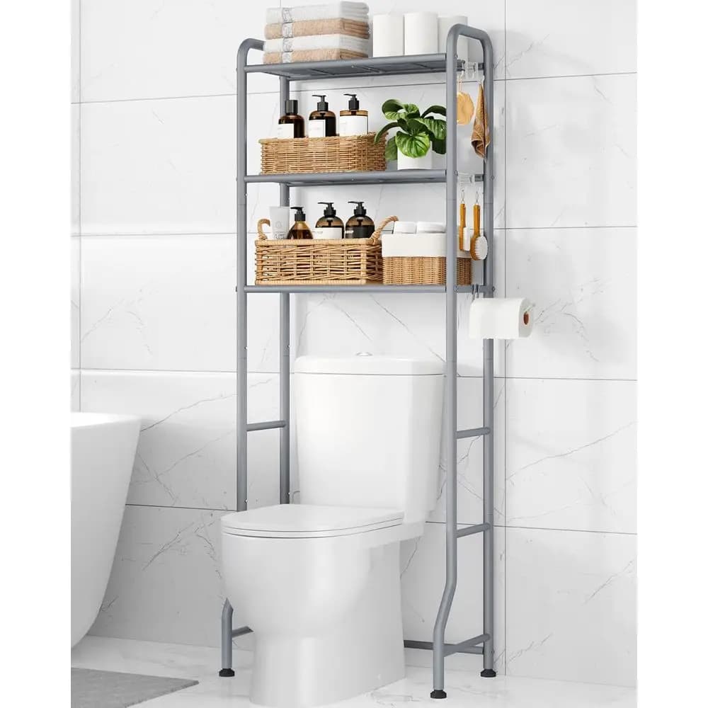 Scaffale portaoggetti da posizionare sopra il WC - Organizzatore da bagno in metallo, mobiletto portaoggetti sopra il WC con porta carta igienica e ganci, 3 ripiani