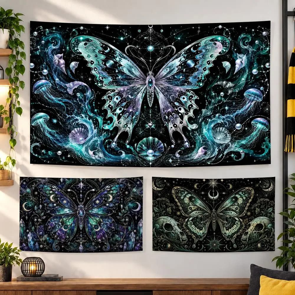 Beautiful Black Butterfly Tapestry Durable Soft Microfiber Horizontal Wall Hanging Decor For Bedroom Patio Garden Parties