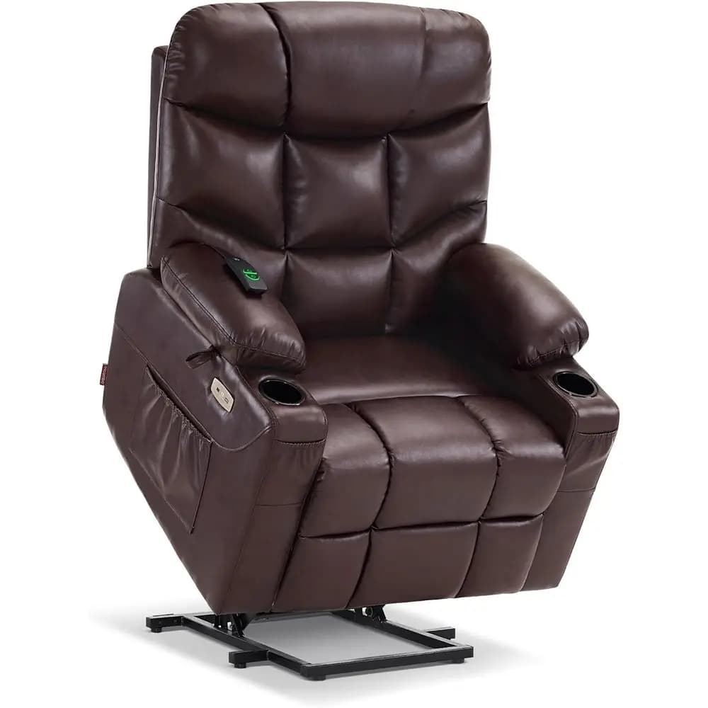 Power Lift Recliner with Extended Footrest for Elderly or Moms, Faux Leather, Medium Brown