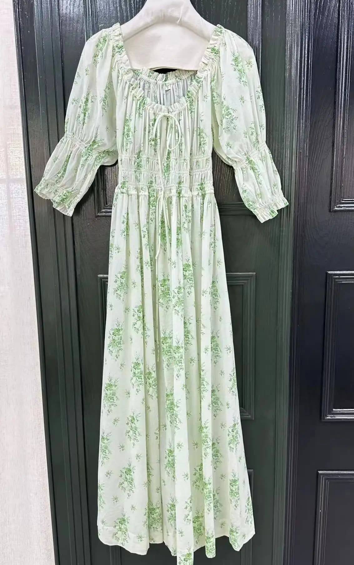 2026 Women's Green Flower Print Long Dress Elastic Waist Puff Sleeve Round Neck Elegant Ladies 100% Cotton Robe