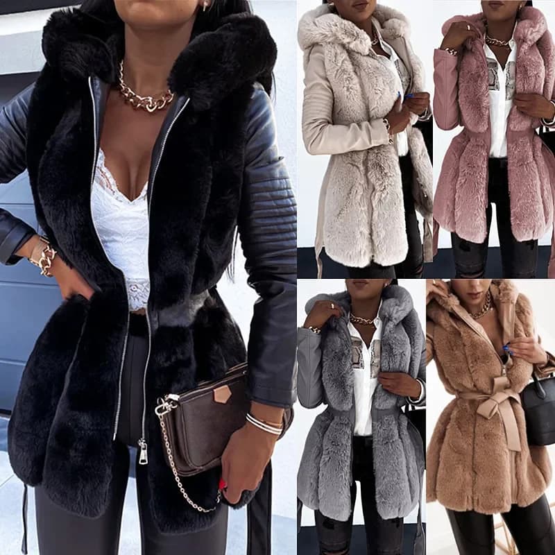 Autunno Inverno Nuovo cappotto di pelliccia da donna con cintura con cappuccio tinta unita giacca con cerniera cappotto abbigliamento da donna