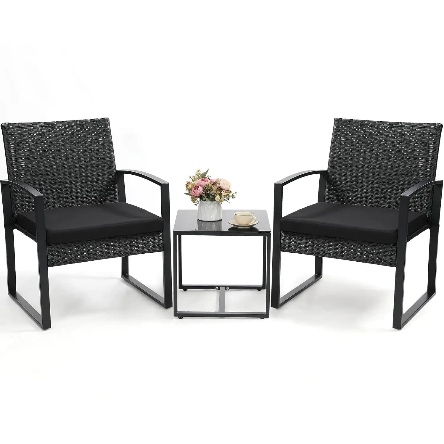 3-Piece Wicker Patio Bistro Set 2 Chairs & Coffee Table for Balcony Garden Poolside, Black Frame & Cushion, Customized