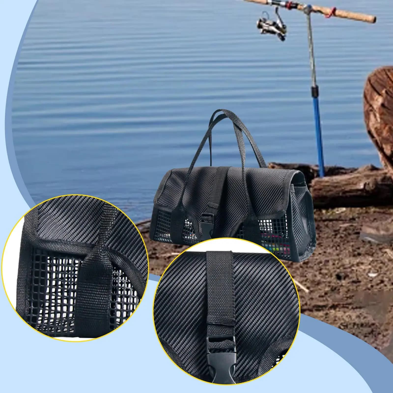 Large fishing mask bag, washable, durable, mesh pocket, portable padded handle PVC equipment bag jigging bait bag