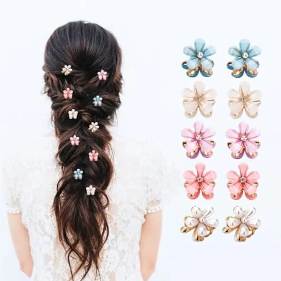 10 Pcs Mini Cute Flower-Shaped Hair Clips for Girls, Multicolor Crystal Hair Barrettes for Long Braid Hairstyles, Pearl Hairpin