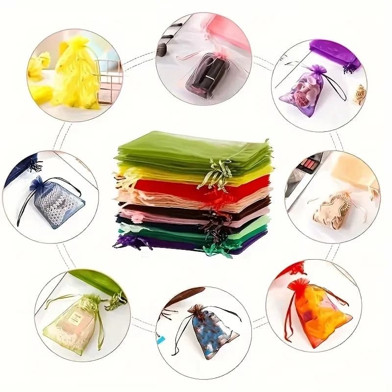 Organza bags available in packs of 10, 20, or 50; suitable for jewelry, parties, and wedding favors; made from high-quality shee
