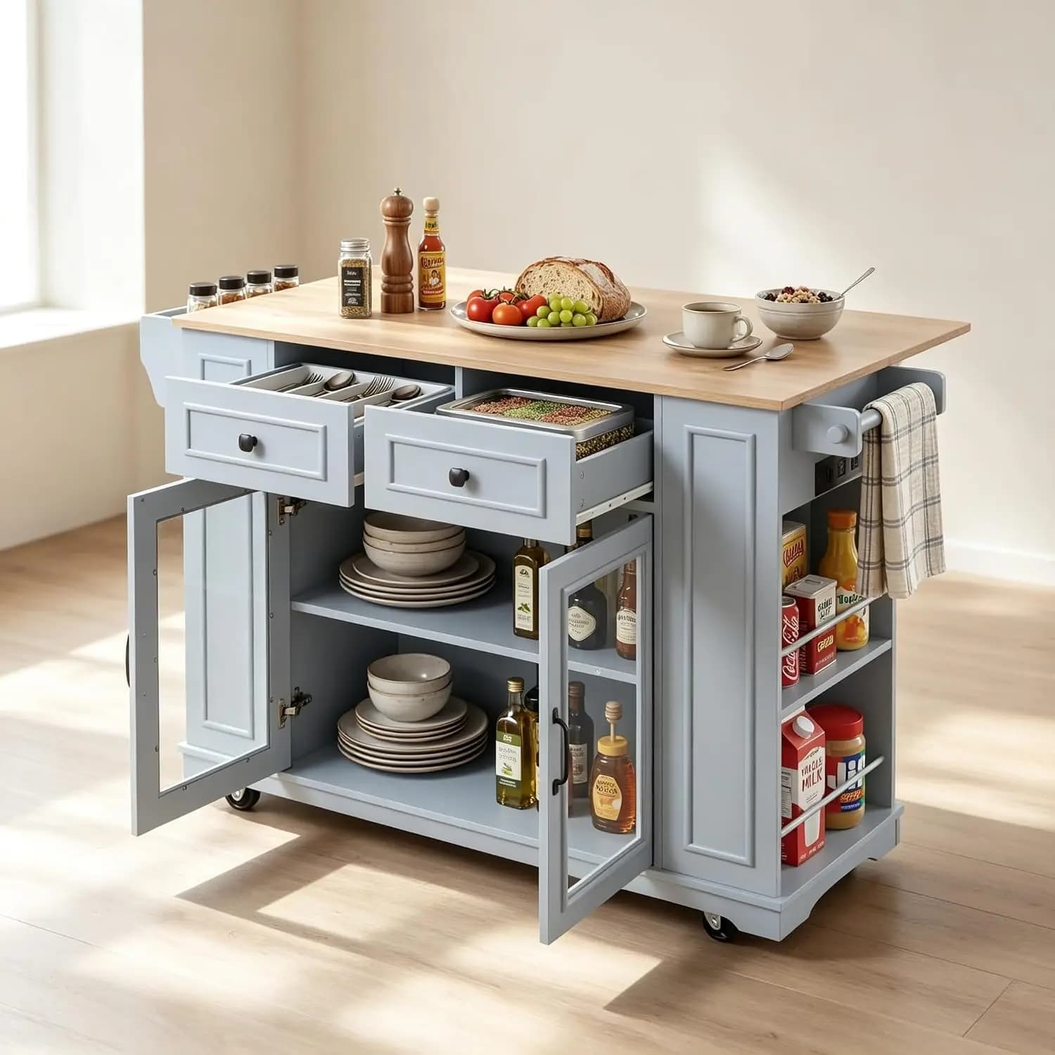 54" Mobile Kitchen Island Glass Storage & Outlet, Rolling Cart Knife Rack & Open Shelves, Towel Bar & Spice Rack, Customized
