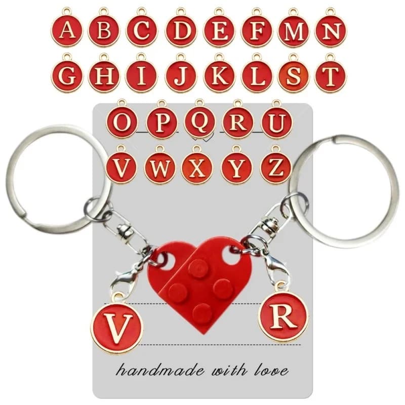 Portachiavi in mattoni di moda Portachiavi personalizzato con cuore abbinato Blocchi di costruzione fai-da-te con 26 pendenti con lettere-Regali per coppia