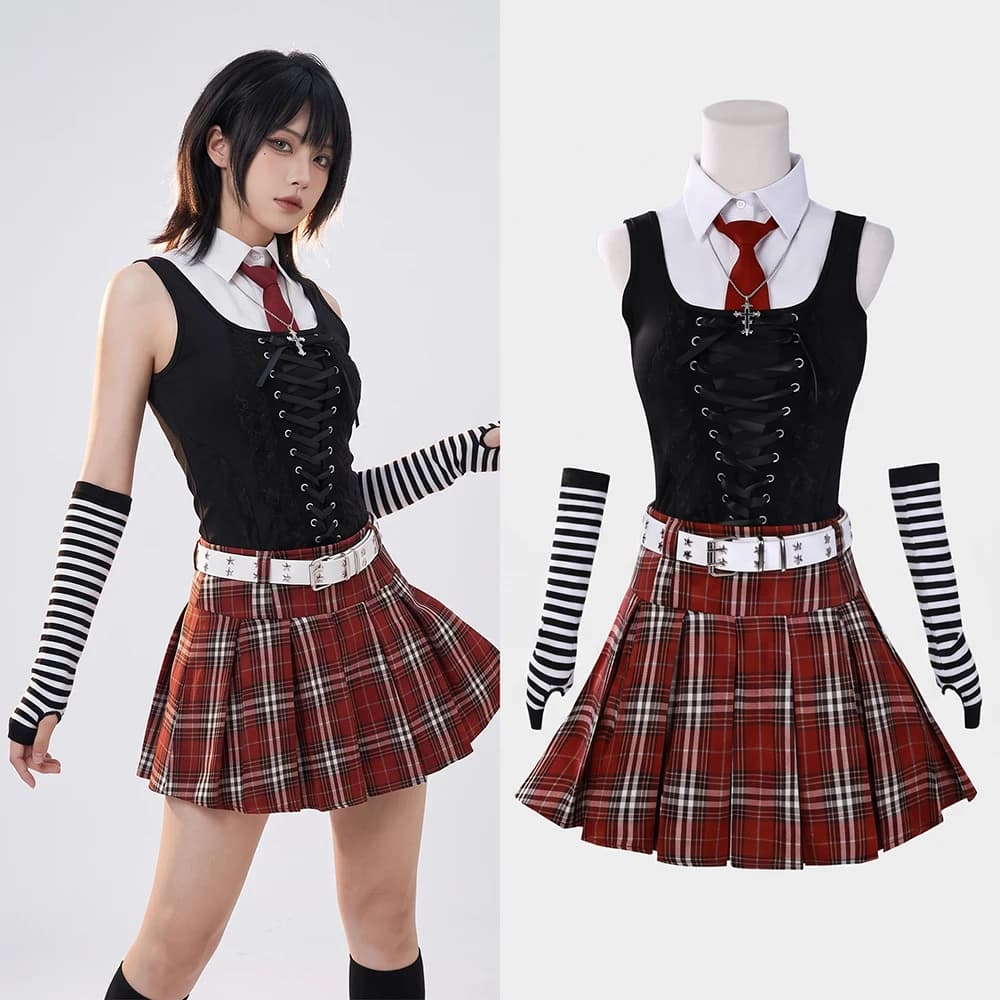 Anime Death Note MisaMisa JK Plaid Skirt Uniform Set Cosplay Costume Gothic Shirt Vest Tie Belt Striped Gloves Halloween Costume