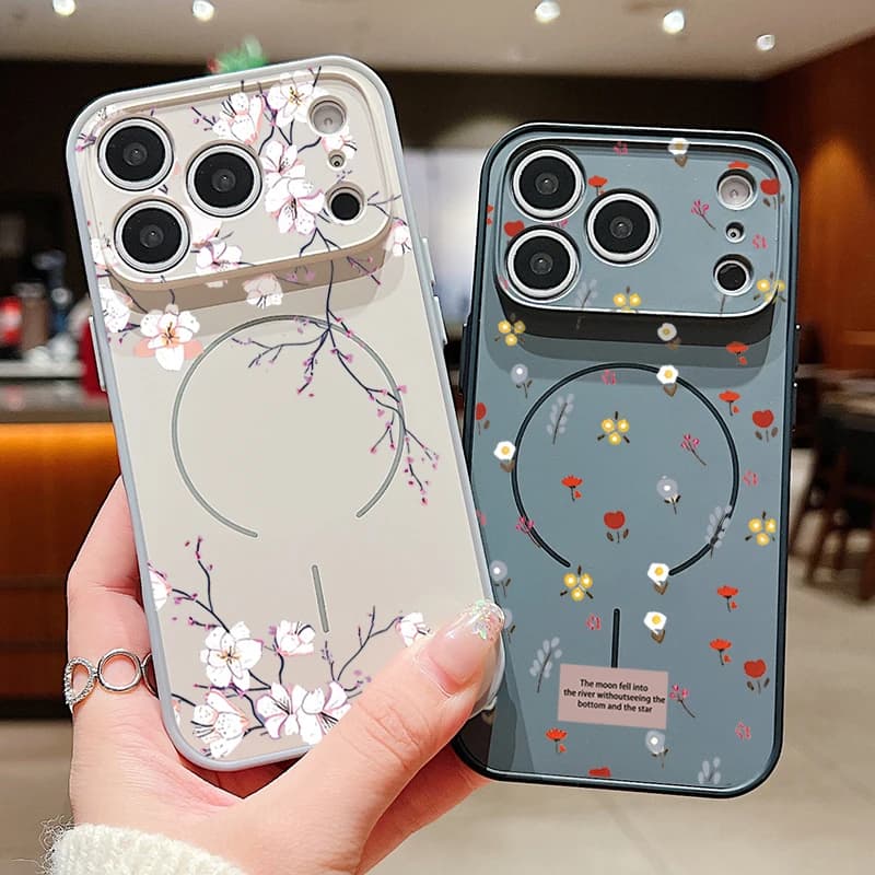 Custodia Magnetica con Motivo a Foglie e Fiori per iPhone 17 16 15 14 13 Pro Max, Compatibile con Ricarica Wireless Magsafe, Cover Rigida Antiurto in PC