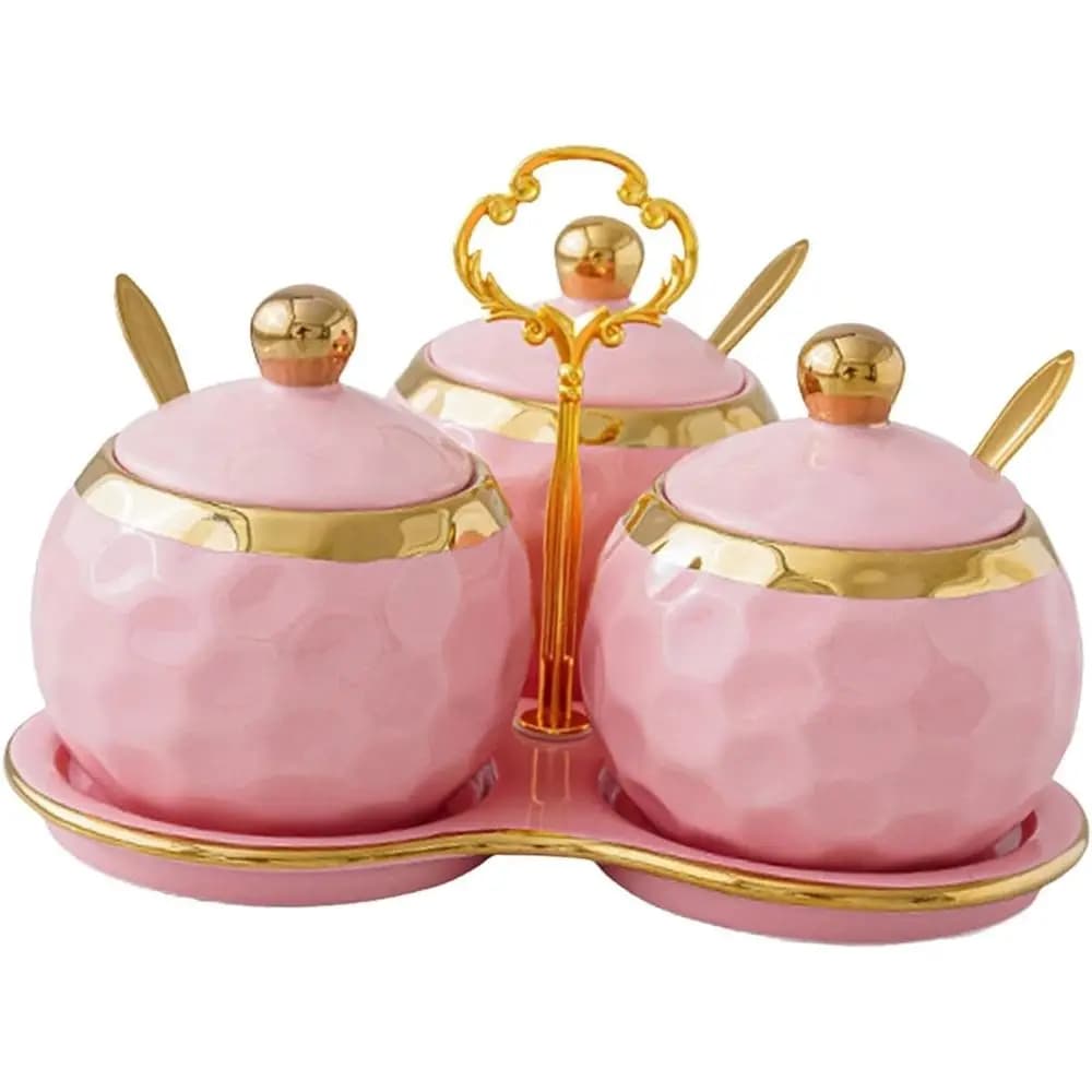 Set di 3 Barattoli in Porcellana per Spezie con Graziosi Contenitori per Cucina, Ristorante o Caffetteria, Rosa, Diametro 9,5 cm