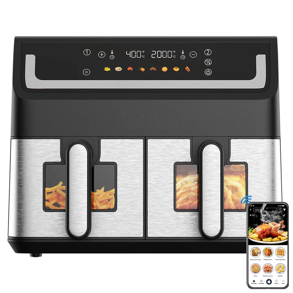 For double air fryer 8QT, 2 independent baskets, TFT screen, 1700 W, synchronization and matches, more than 30 presets, non-stick, family/camper