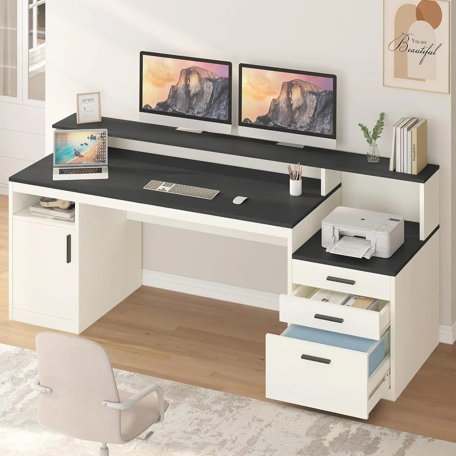 Computer Desk for Computers from 65 Inches with 3 Drawers, Storage shelves, Paper Holder, Monitor Support, Printer shelf, for Home Office, Black and White, Customizable