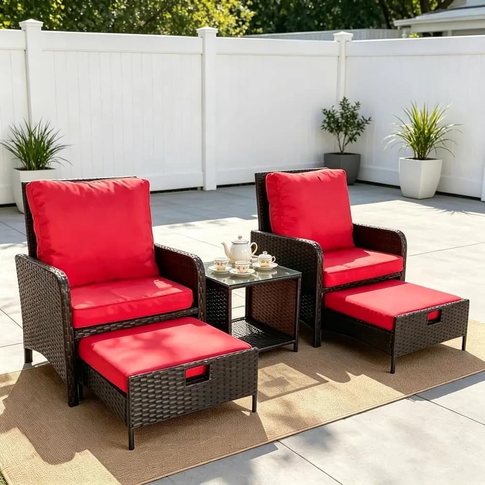 Set di Mobili da Giardino in Vimini a 5 Pezzi con Cuscini e Tavolino, Sedie Regolabili Multi-Posizione, per Piscina e Giardino, Rosso