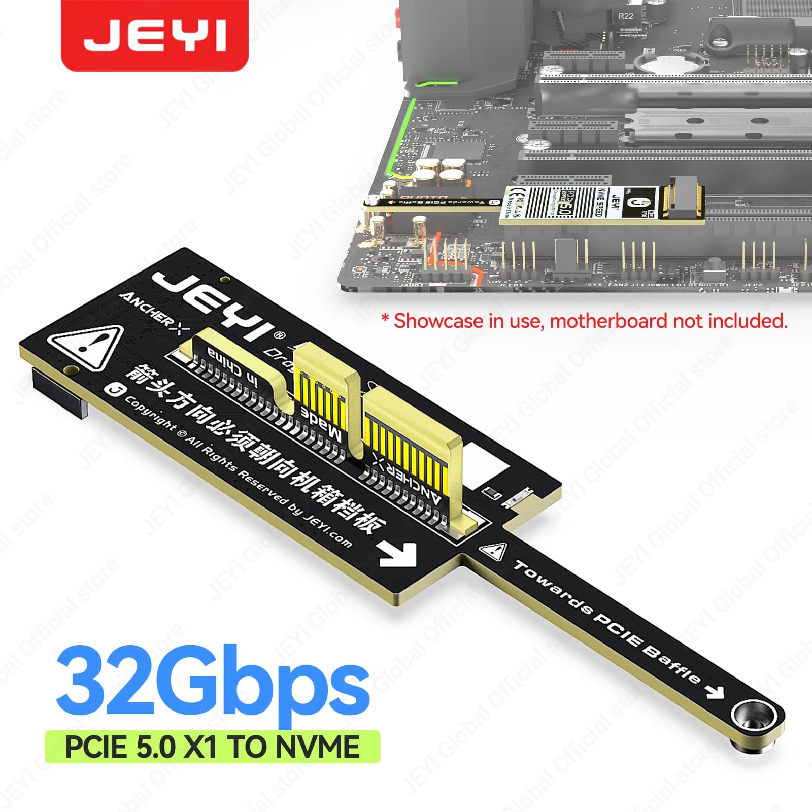JEYI Flat PCIe 5.0 x1 to NVMe Adapter Card 128Gbps No GPU Obstruction Compact Mini Design for M-Key NVMe SSD PCIe X1/X4/X8/ X16
