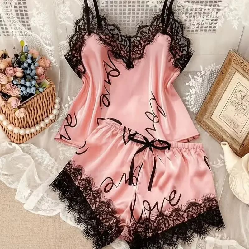 Women's V-Neck Pink Heart-Striped Lace Pajama Set Sleeveless Satin Silk Two-Piece Casual Shorts Loungewear