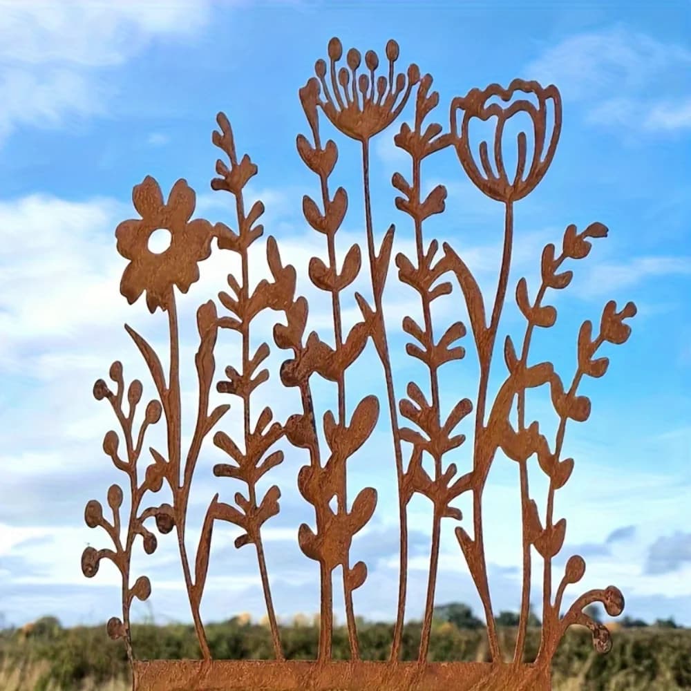 Rustic metal garden pole with field flowers - Vintage yellow outdoor decoration for meadows and pots, perfect gift for plant lovers, for home