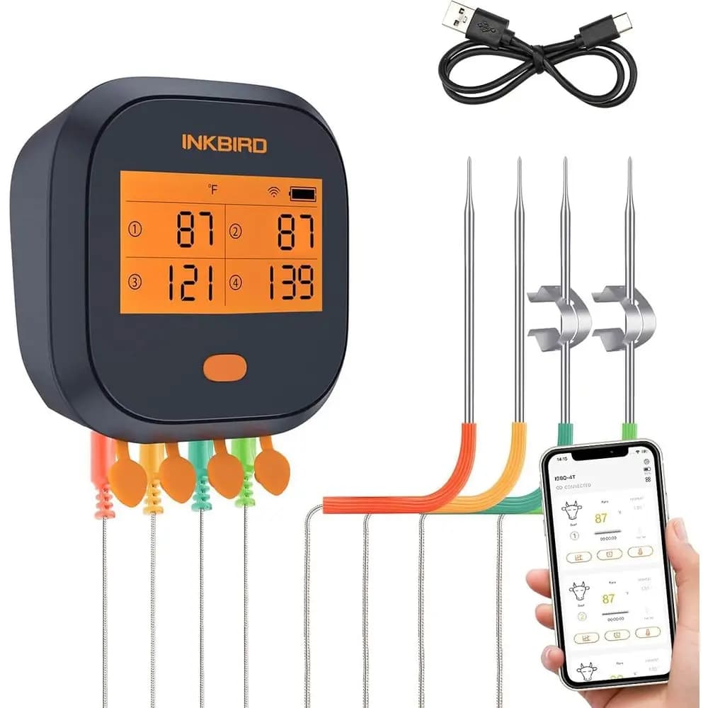 Thermometer BBQ Wireless, Chart Temperature on APP, Mobile notifications, Alarm Timer, Digital Thermometer Rechargeable for Grill, 4 probes