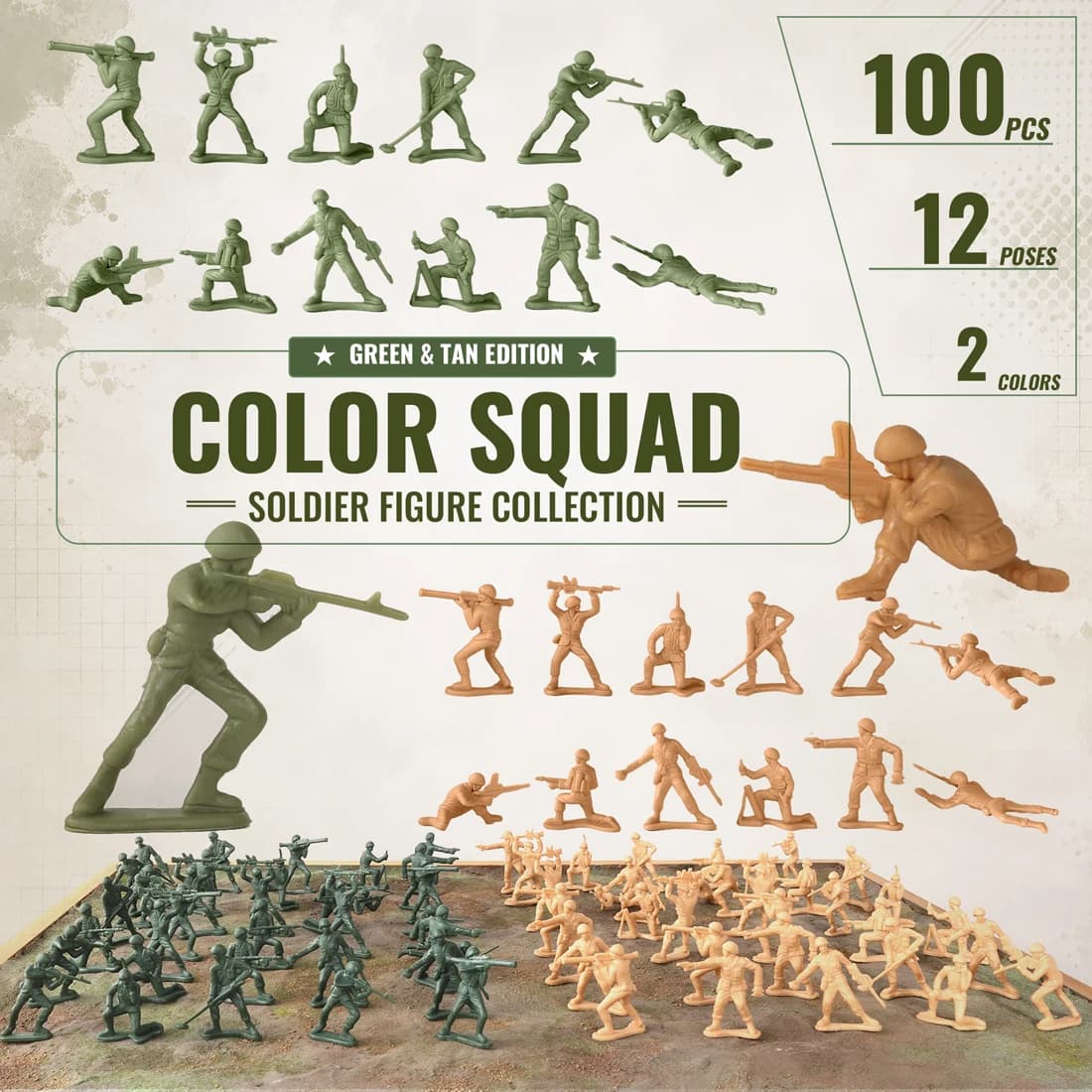 ViiKONDO Esercito Uomini Giocattolo Verde vs Tan Soldato 100 Pezzi di Plastica Classico Ragazzo Militare 12 Poses Battaglia Moderna Divertimento Wargame Regalo per I Bambini