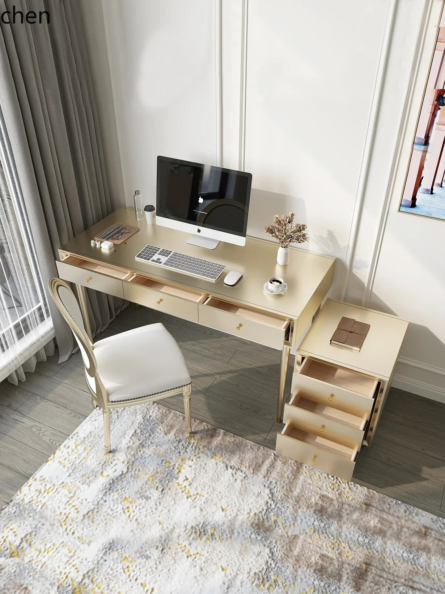 HYS Modern Study Room Solid Wood Desk Minimalist Calligraphy Desk Home Bookshelf Writing Desk Set Combination
