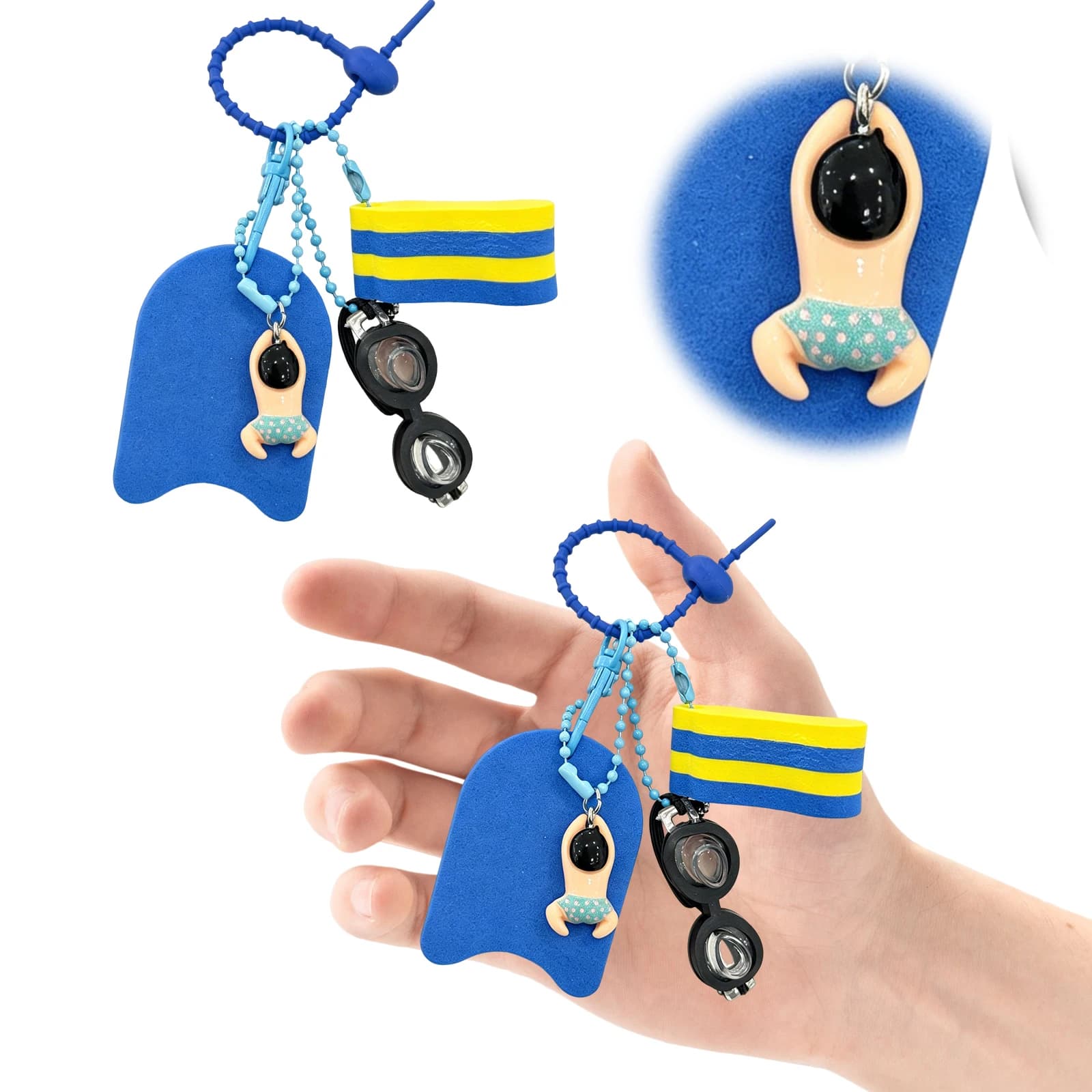 Cute Swim Themed Keychain with Mini Goggles Kickboard Cartoon Surfing Pendant Multi-Purpose for Boat Fishing Sailing Surfing