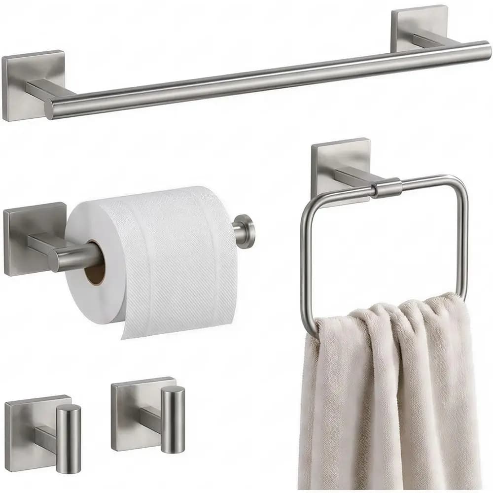 Set di 16 Accessori Bagno in Nichel Spazzolato, 5 Pezzi, in Acciaio Inossidabile SUS304 Anti-Impronta, con Portasciugamani o Piccolo Portasciugamani per Bagno e Camper, Quadrato