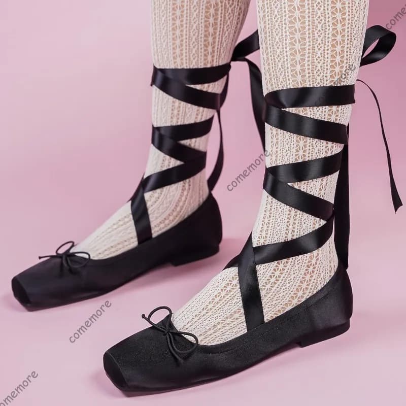 Women's shoes with satin ribbon bow, square tip, shoes tightened with ankle strap, Lolita shoes for woman, soft sole, bow, fashionable footwear