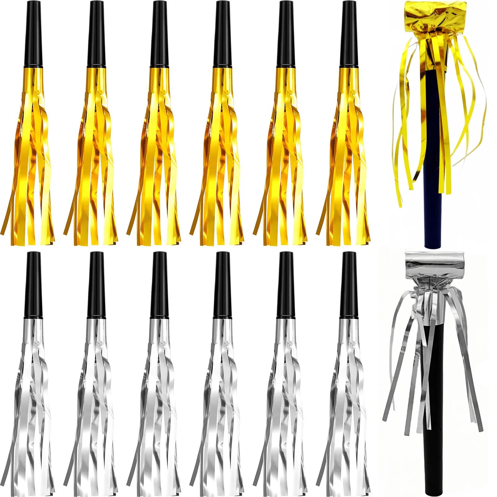 Creatori di rumore per feste Fischietti glitterati con frange in oro argento Soffiatori Corna per sciarpe per feste di compleanno Baby Shower Laurea Capodanno