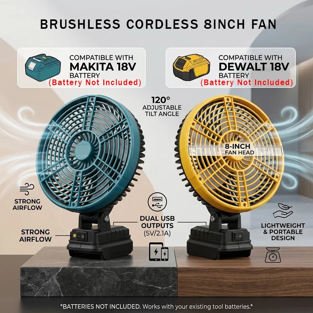 Brushless Camping Fan 8Inch Outdoor Fishing Wireless Desktop Portable Fan With 2 USB For Makita/Dewalt 18V Battery Pin