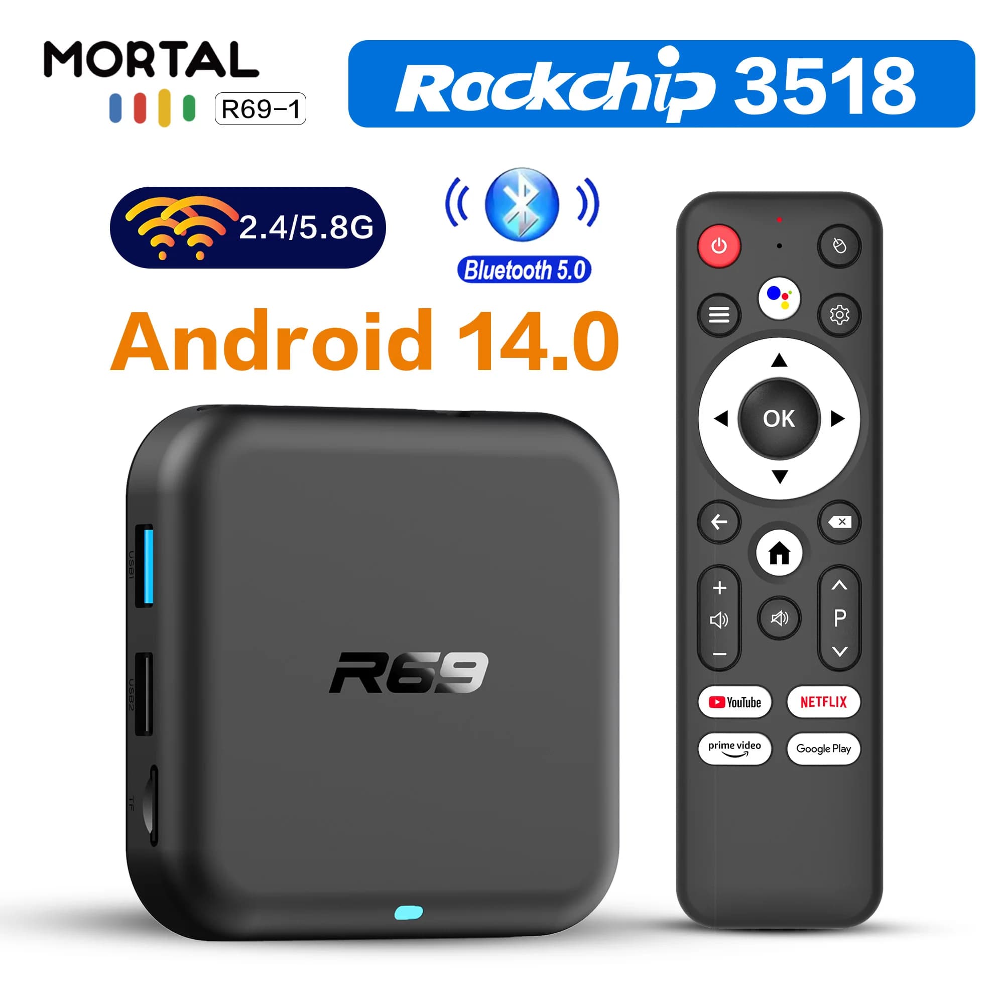 R69-1 Android 14 TV Box Rockchip RK3518 4K Ultra HD Dual WiFi 2.4G/5G Smart Set-Top Box con Controllo Vocale, Lettore Multimediale Domestico