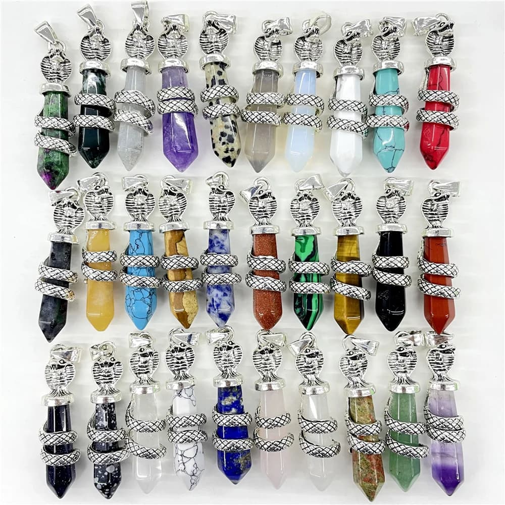 Natural Stone Quartz Crystal Hexagon Pendulum pendant&Alloy snake DIY charm pendant Jewelry making Necklace Accessories 20pcs