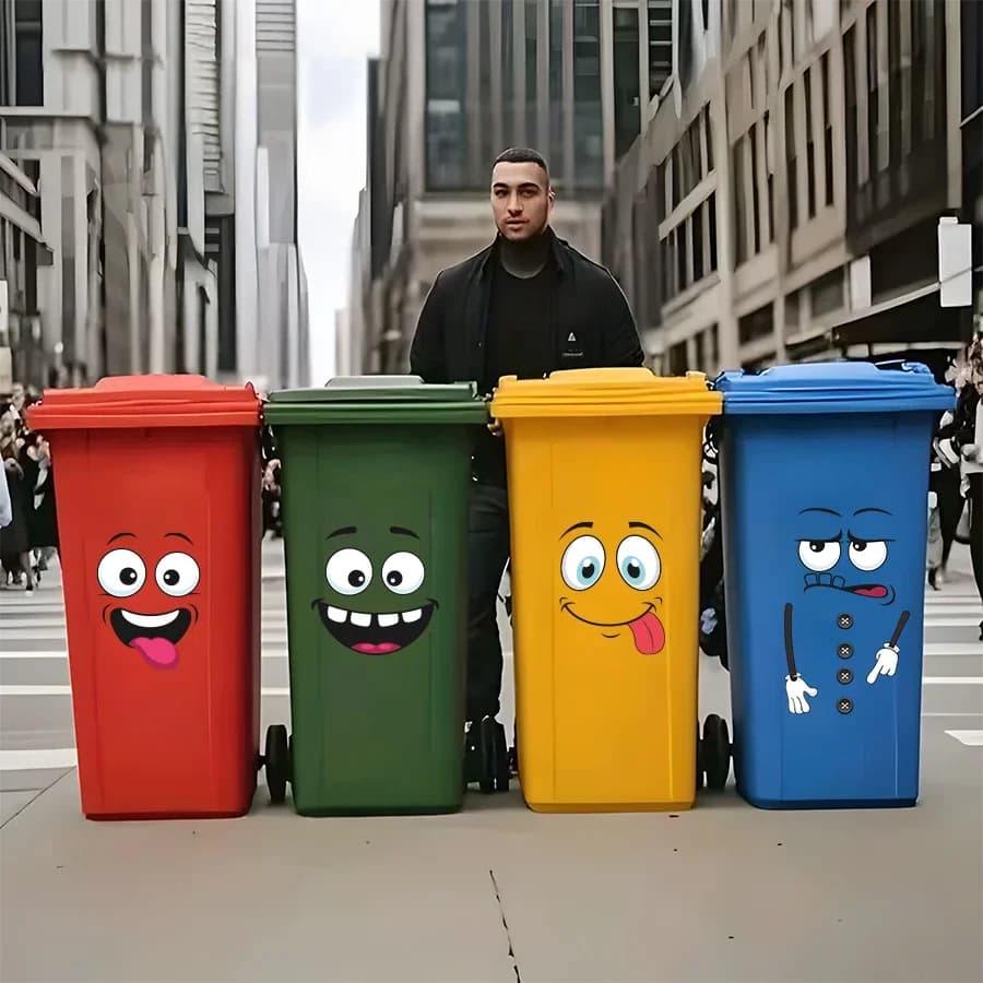 4-piece cartoon-themed vinyl decal set for trash cans – waterproof removable stickers ideal for kitchen walls, cabinets, and hom