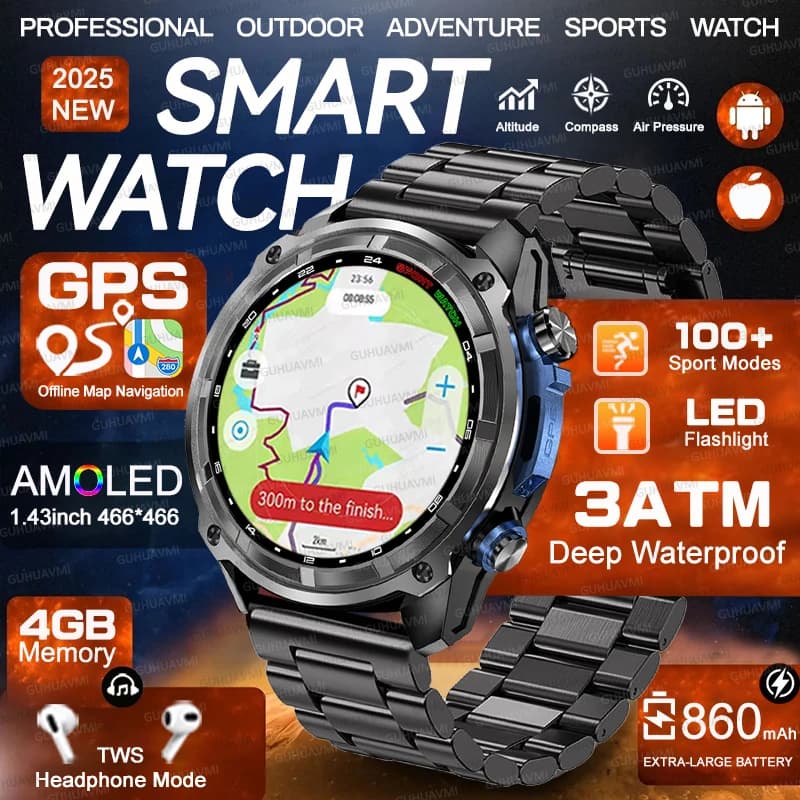 Smartwatch Sportivo Militare 2026 con Mappa Offline, GPS, 4GB di Memoria, Impermeabile 3ATM, Batteria da 860 mAh, Chiamate HD