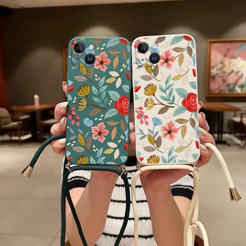 Custodia per telefono in silicone con cordino a tracolla con fiori a cinque petali per iPhone 13 15 12 14 11 Pro Max Mini X XR XS 8 7 6 6S Plus Cover