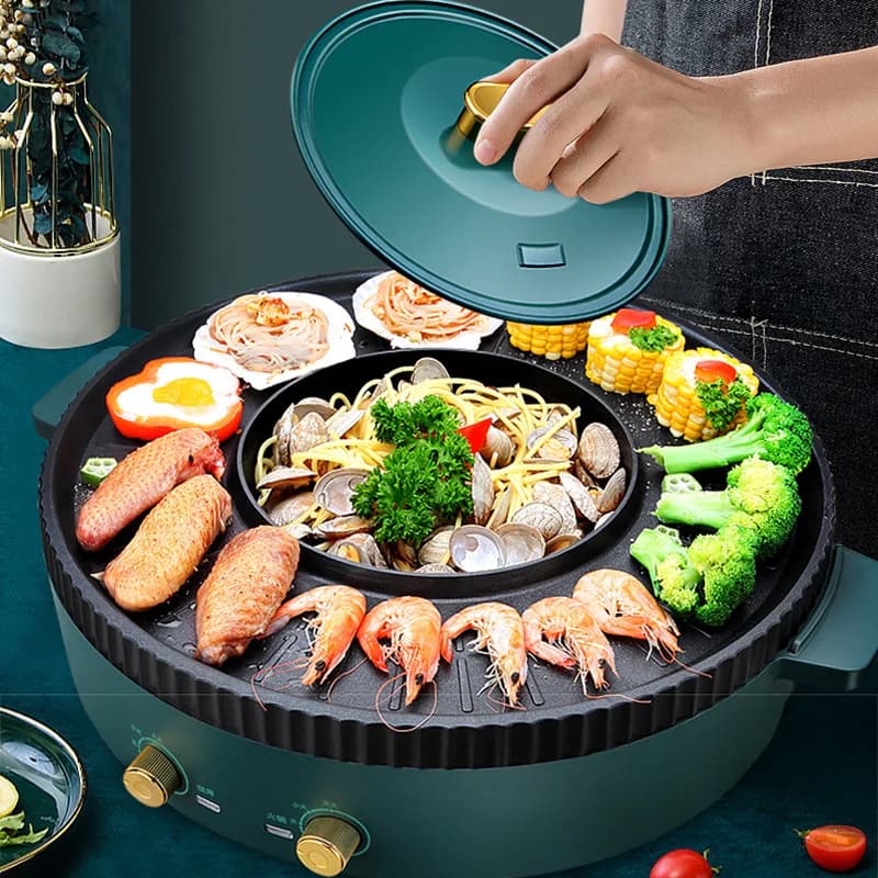 Grid pan in Korean style Shabu-shabu pot for home multifunctional hot pot Barbecue integrated pan Multicooker electric pot