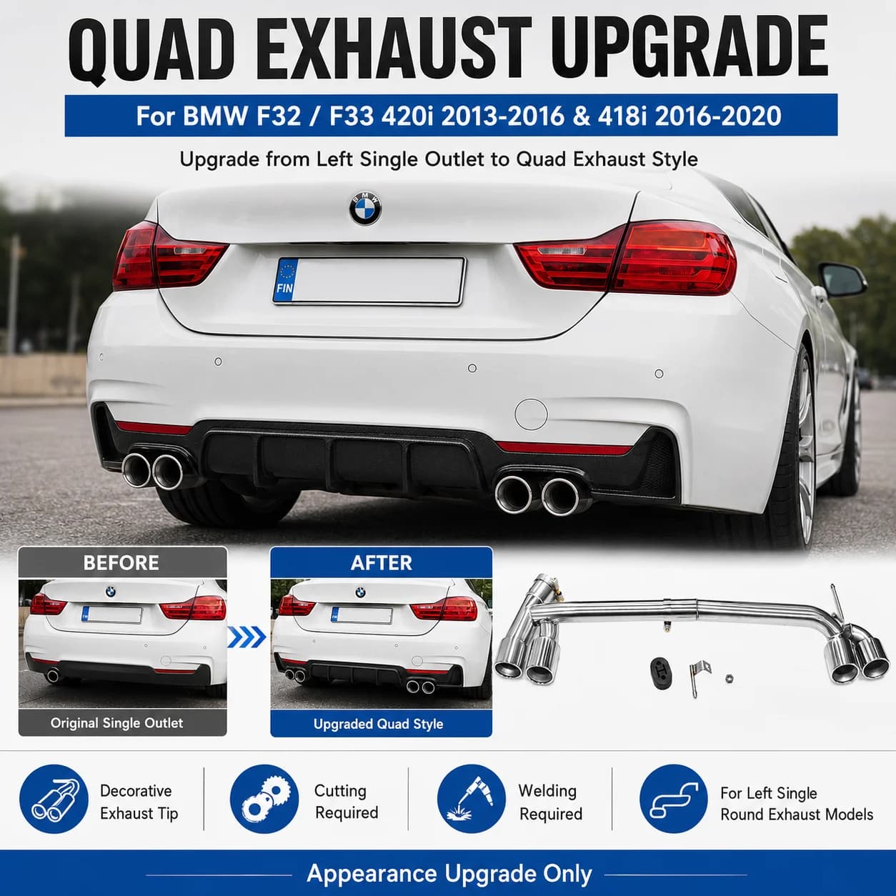 Quad Tailpipe Exhaust Tip For BMW F32 F33 418i 420i Petrol 304 Stainless Steel M Sport Style Diffuser Upgrade Muffler Nozzle