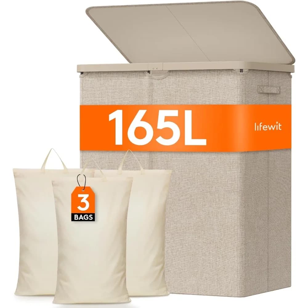 Lifewit 165 liters whiteware basket with lid, large basket with plastic handles and removable bag, high folding clothes