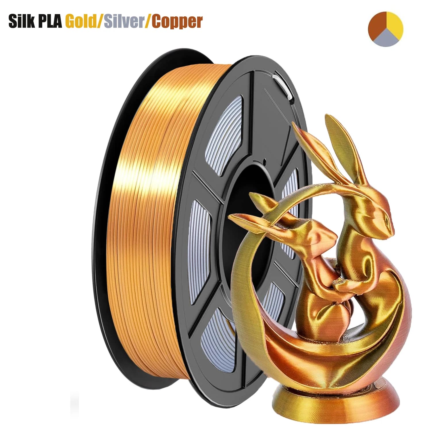 Filament for 3D printers in silk PLA+ 1.75 mm without tangle, net weight 200 g/250 g/500 g/1000 g Coil, gold, silver and copper