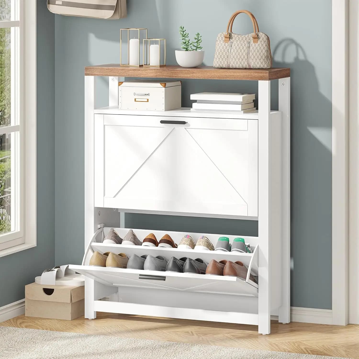 Shoe Cabinet with 2 Flip Drawers & Shelf, Farmhouse Barn Door Organizer, Freestanding Hidden Slim Entryway Storage, Customized