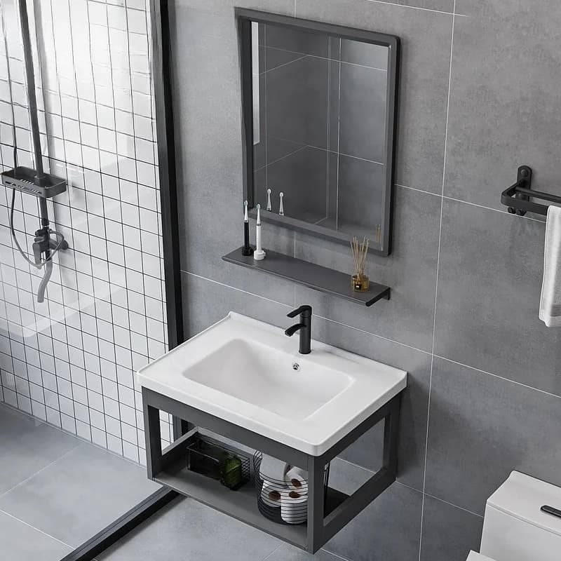 Set lavabo bagno stile industriale, lavabo in ceramica grigio opaco con specchio, adatto per case prefabbricate WW-YSG