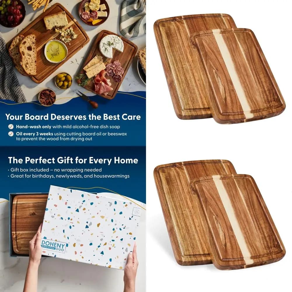 Pair of acacia wood cutting boards: small and medium with juice groove, gift packs, 14x10x1 inches and 12x8x1 inches, perfect for meat, vegetables