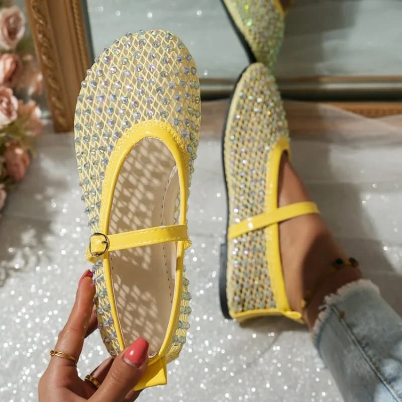 Scarpe Basse da Donna alla Moda con Strass Scintillanti, Modello Mary Jane, Traspiranti, con Rete a Cristallo, Cinturino con Fibbia, Comode