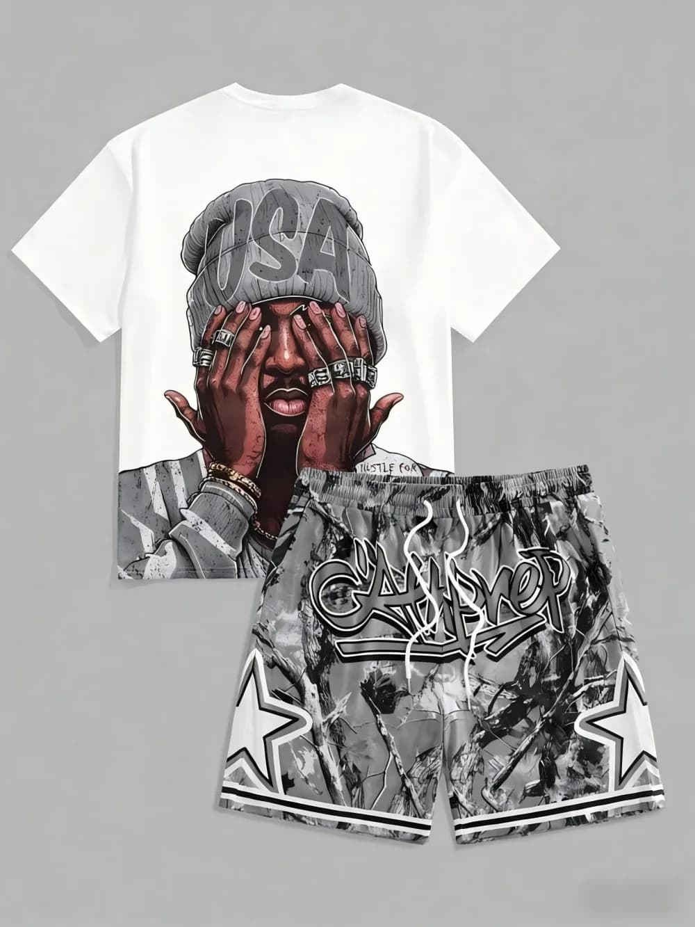 Men's Summer New USA Letter Pattern Printed Comfortable Breathable Round Neck T-shirt Drawstring Shorts Set Outdoor Street Wear