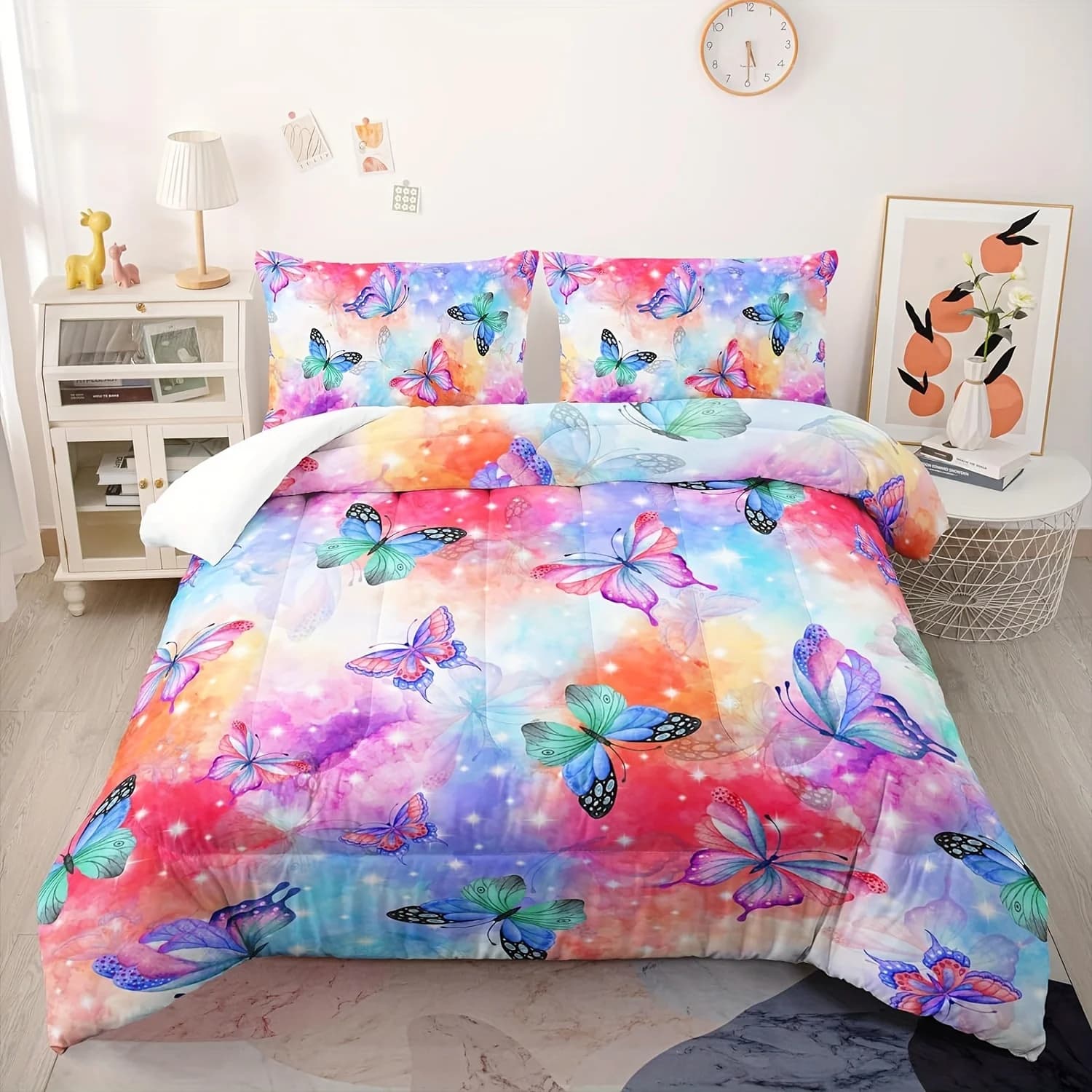 Set di biancheria da letto con farfalla arcobaleno, set di biancheria da letto carini Set di trapunta con farfalla galassia per tutte le stagioni 1 copripiumino e 2 federe