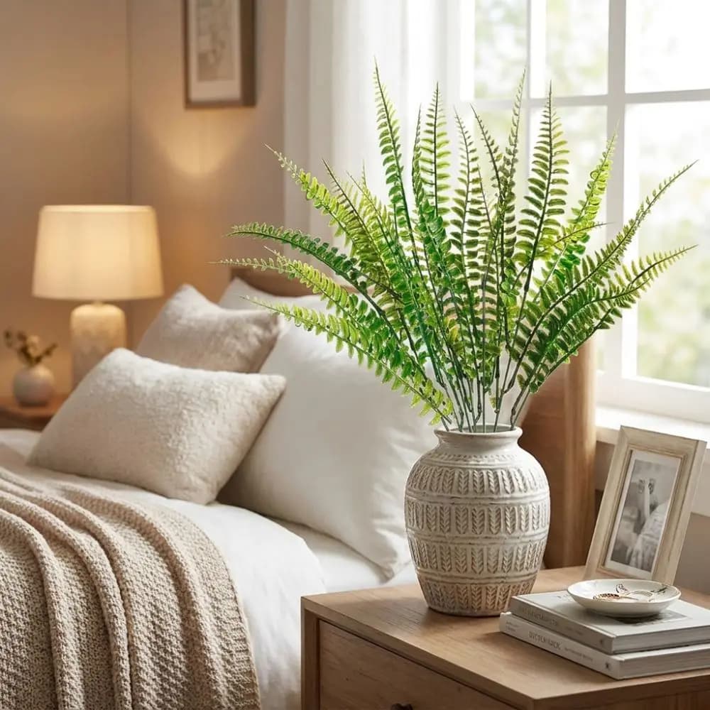 6PCS 7 Branches Artificial Persian Grass Ferns UV Resistant Realistic Fake Flower Plant Real Touch Plastic Faux Ferns