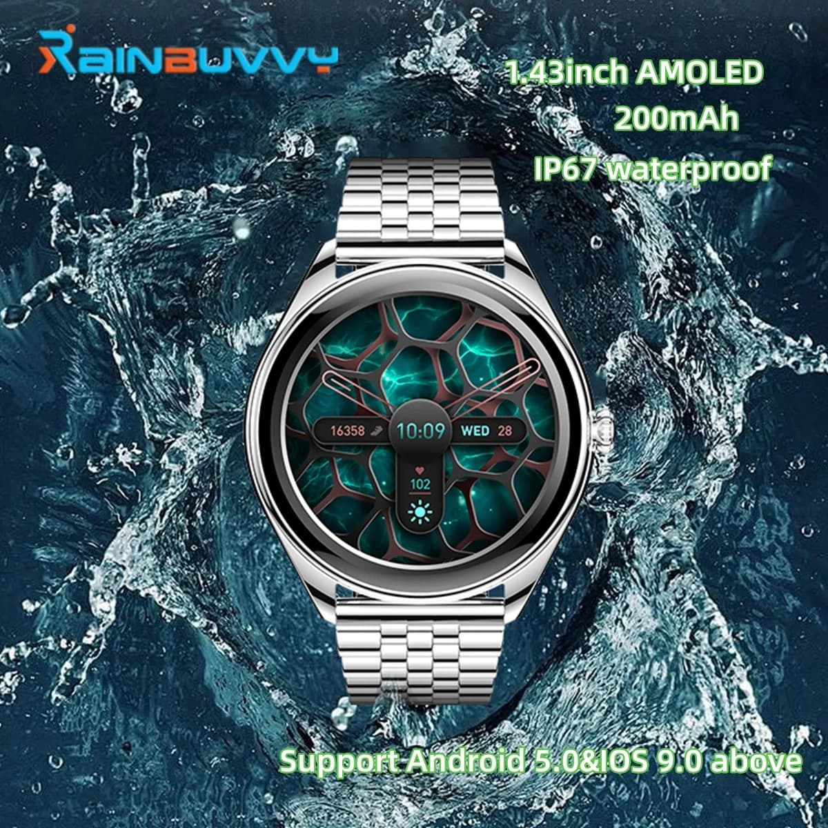 Rainbuvvy MT55 Sports Smartwatch 1.43inch AMOLED BT5.3 IP67 Life Waterproof 200mAh 466x466 Android Watch Super-thin Side