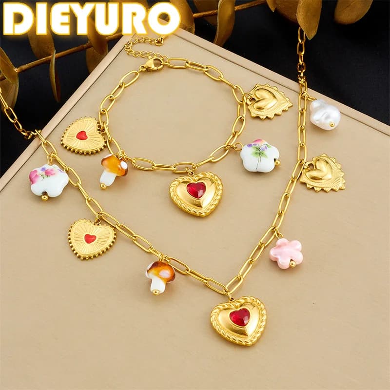 DIEYURO Acciaio inossidabile 316L Zircone rosso intarsio Cuore Perla Fiore Collana con pendente Bracciale Set Lady Nuovi gioielli di moda Glamorou