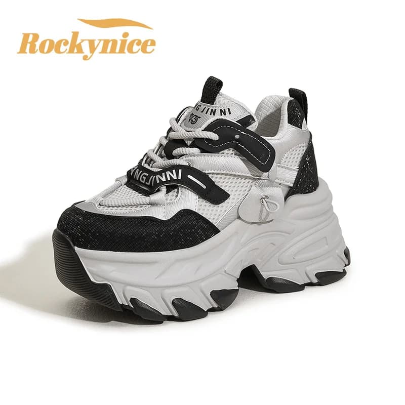 10CM Air Mesh Microfiber Leather Chunky Sneakers High Platform Wedge Heels Vulcanize Shoes Autumn Women Causal Sports Dad Shoes
